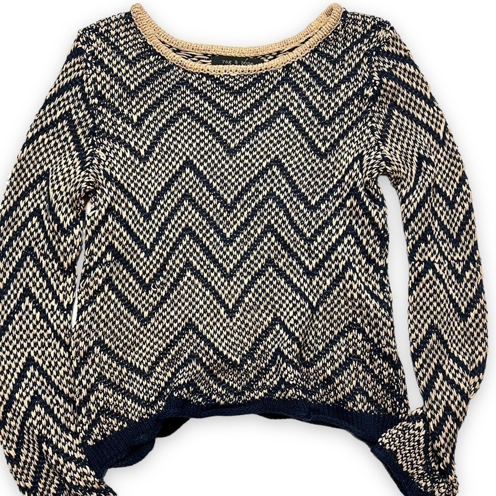 Rag & Bone Rowan Sweater Size Small Blue Tan Geometric Knit Pattern.